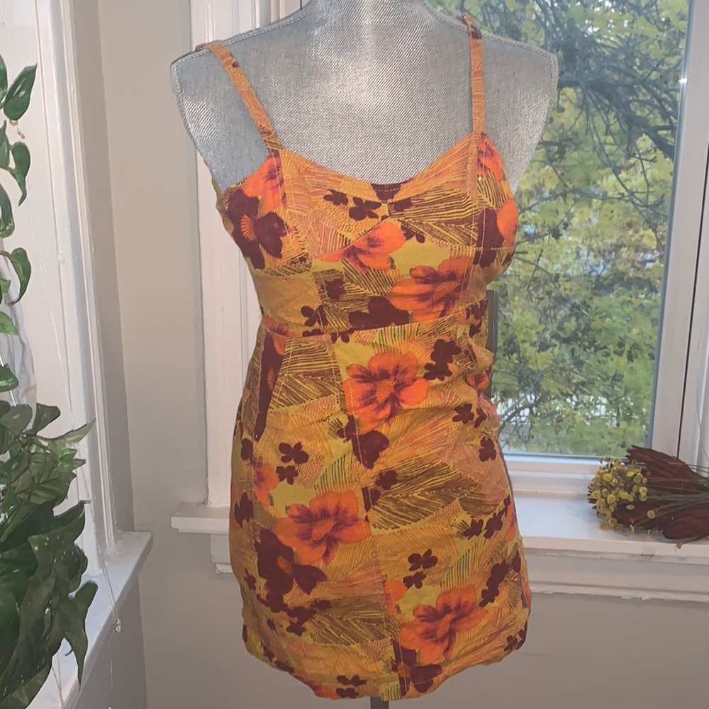Urban Outfitters Floral strappy bustier  Mini Dress Plum, Gold, orange, pockets